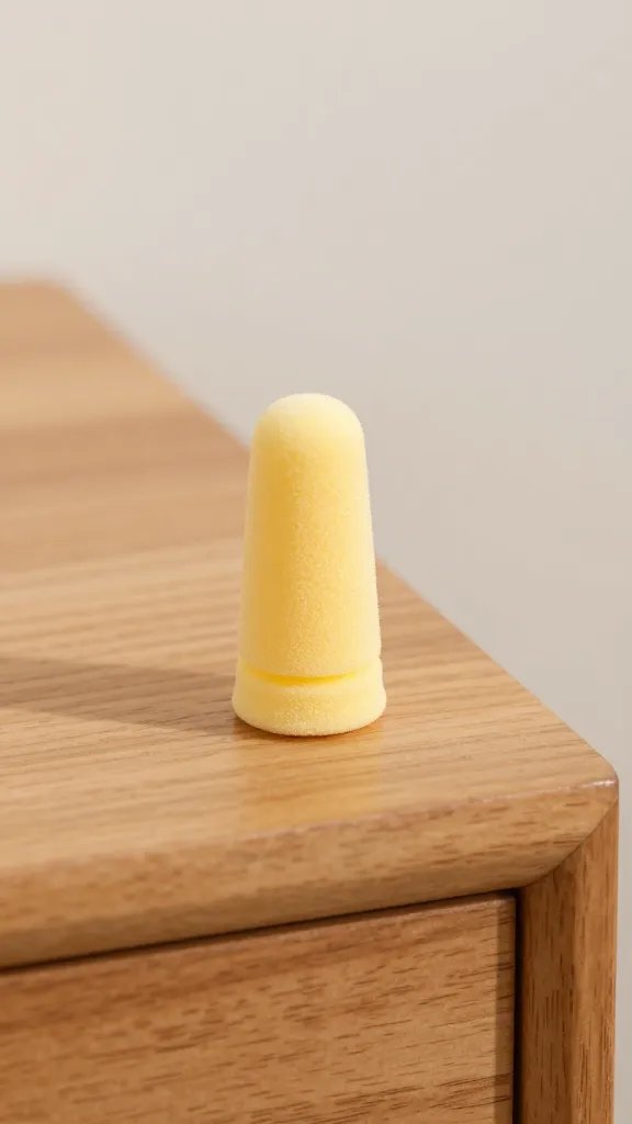 single foam earplug on wooden nightstand