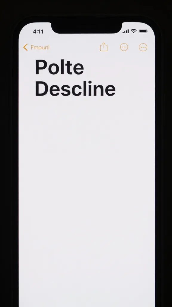 smartphone screen showing polite decline text message, closeup