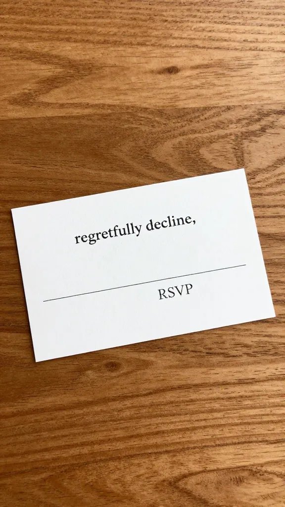 single RSVP card marked “regretfully decline,” on wood table