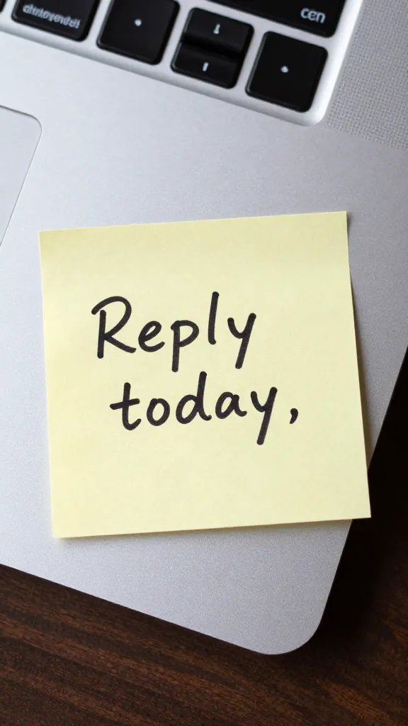 single sticky note reading “Reply today,” on laptop corner