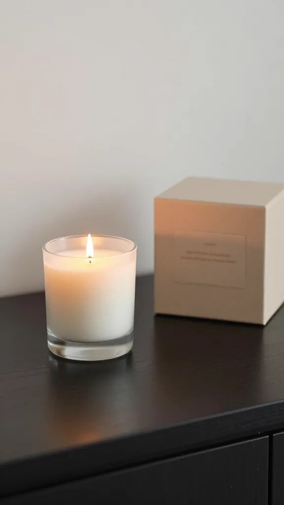 hostess gift candle left on entry table, shallow depth