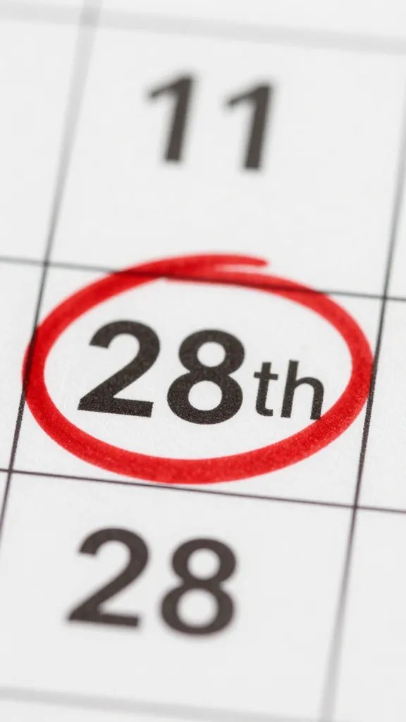 calendar date “28th” circled in red, macro detail