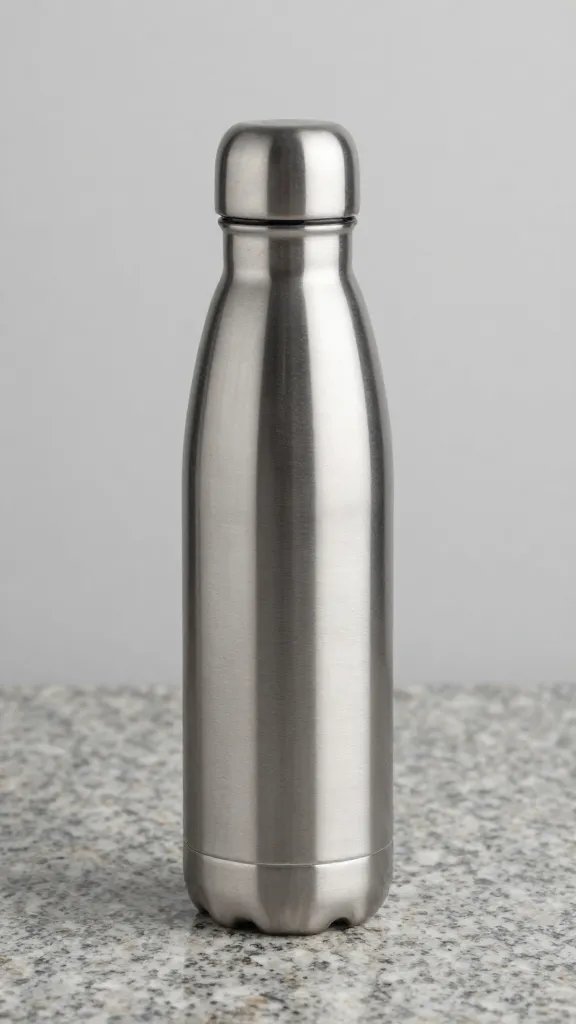 reusable stainless water bottle with condensation, on granite