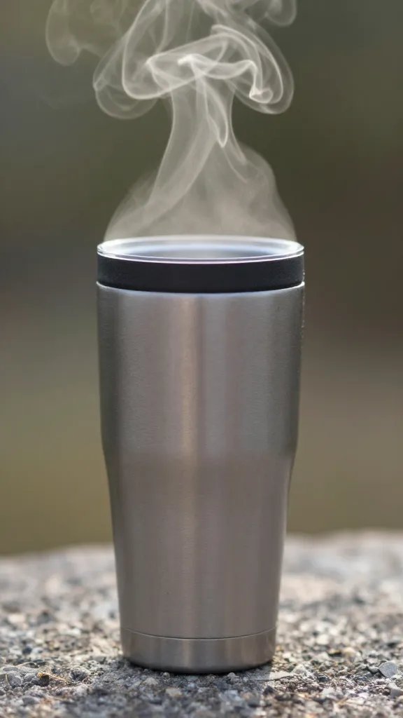lidded travel mug with steam, morning trailhead light