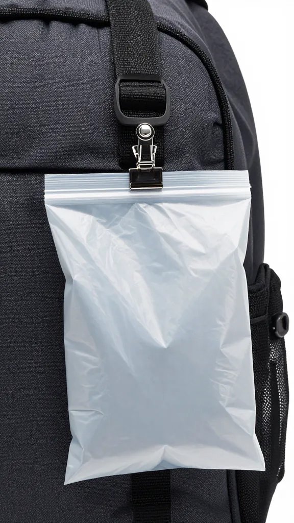 single zip-top trash bag clipped to backpack strap