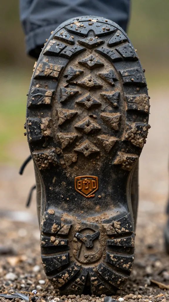 hiking boot sole with dried mud, macro tread detail