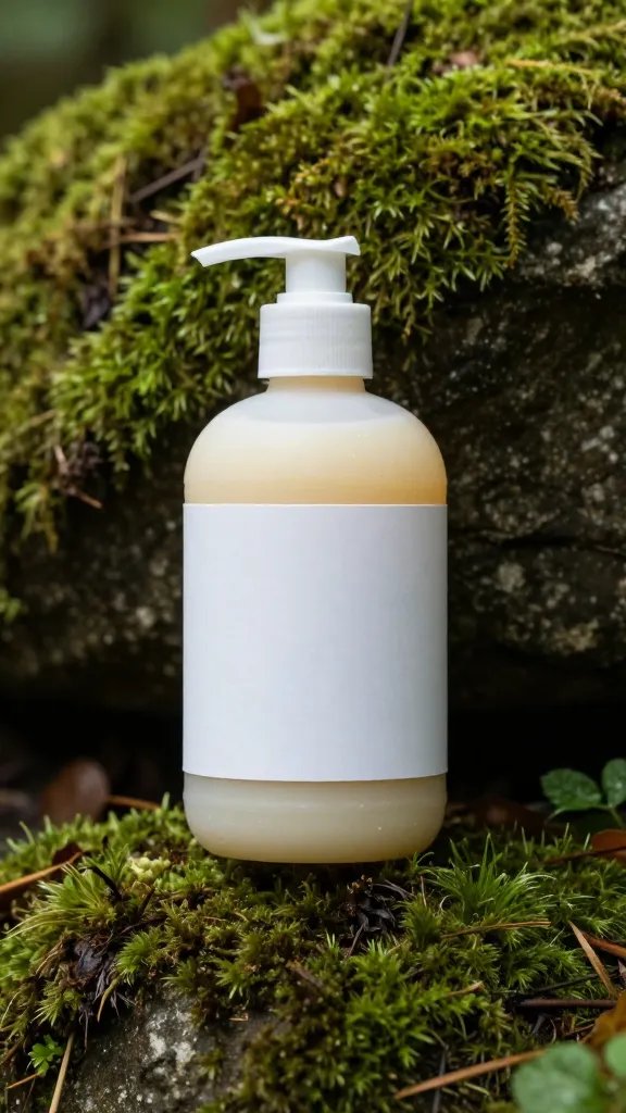 biodegradable soap bottle on mossy rock, product label