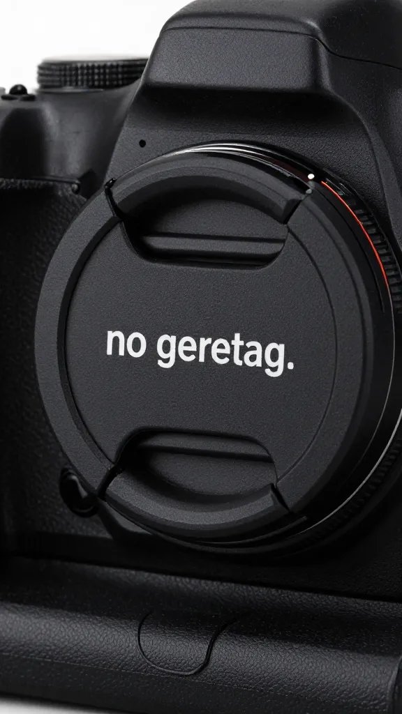 DSLR lens cap labeled “no geotag,” on camera body
