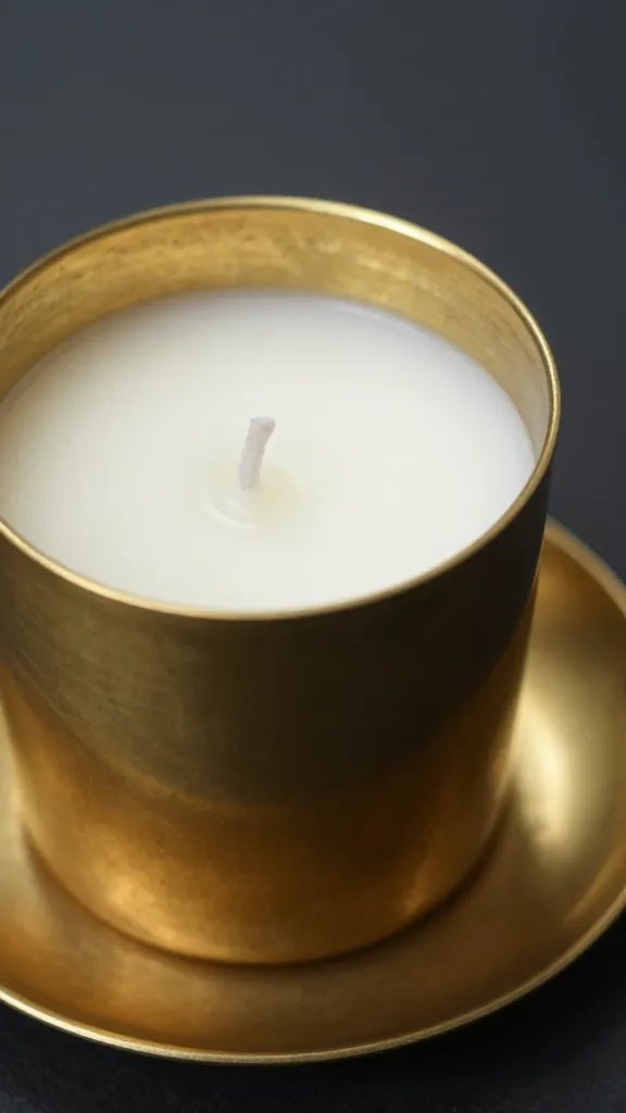 Closeup of a single citronella candle in brass holder