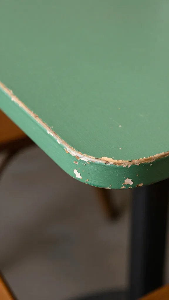 Wobbly bistro table edge with peeling green paint