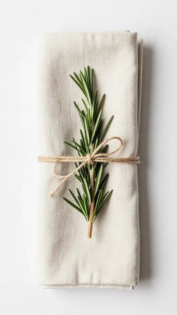 Single linen napkin tied with twine and rosemary