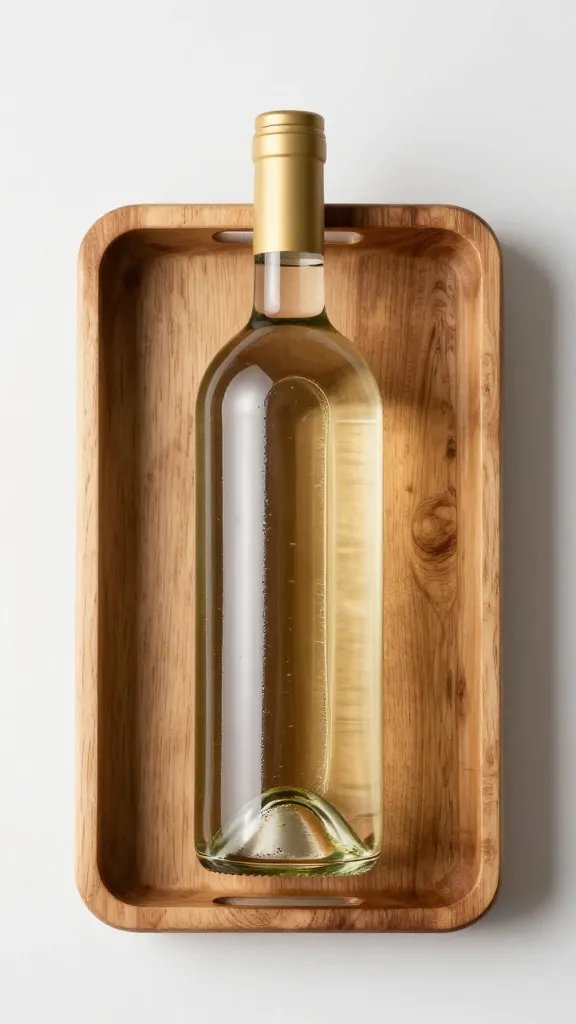 Wooden serving tray with one chilled wine bottle