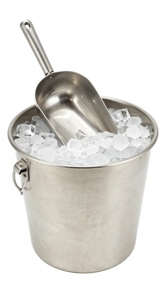 Ice bucket with one metal scoop resting on rim