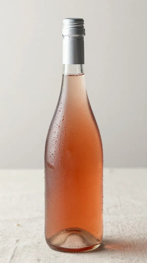 chilled rosé bottle with condensation on linen tablecloth