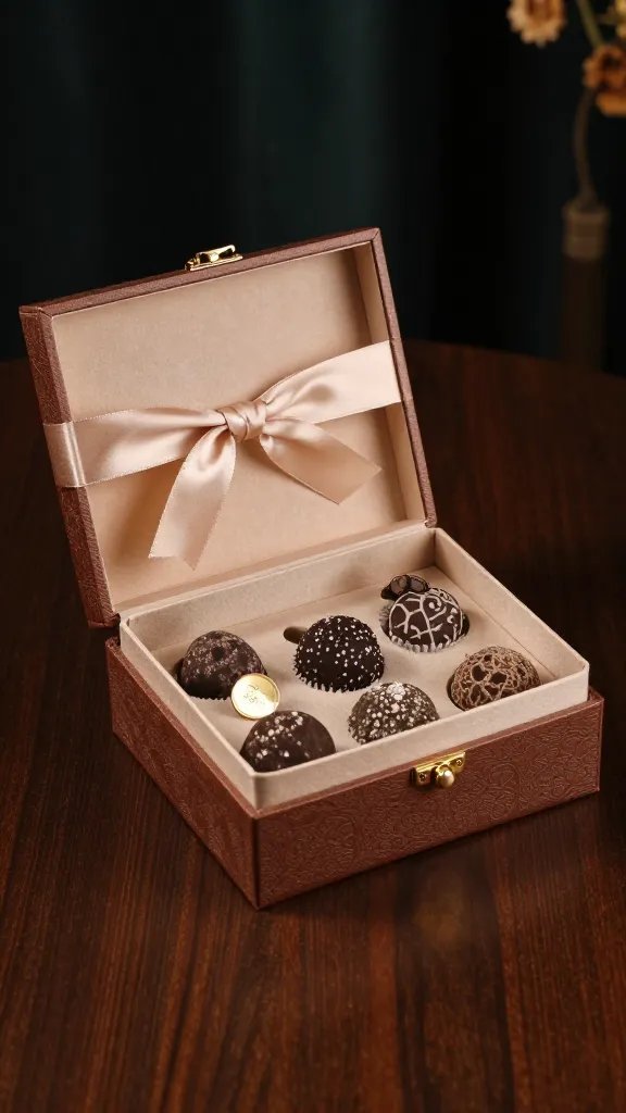 luxury truffle box with satin ribbon, open on table