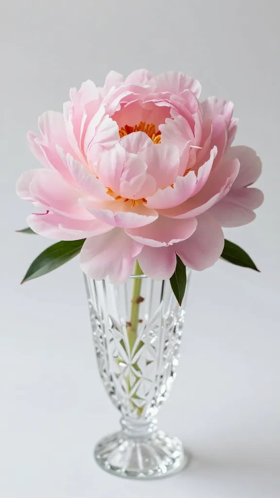 single peony centerpiece in crystal vase, closeup