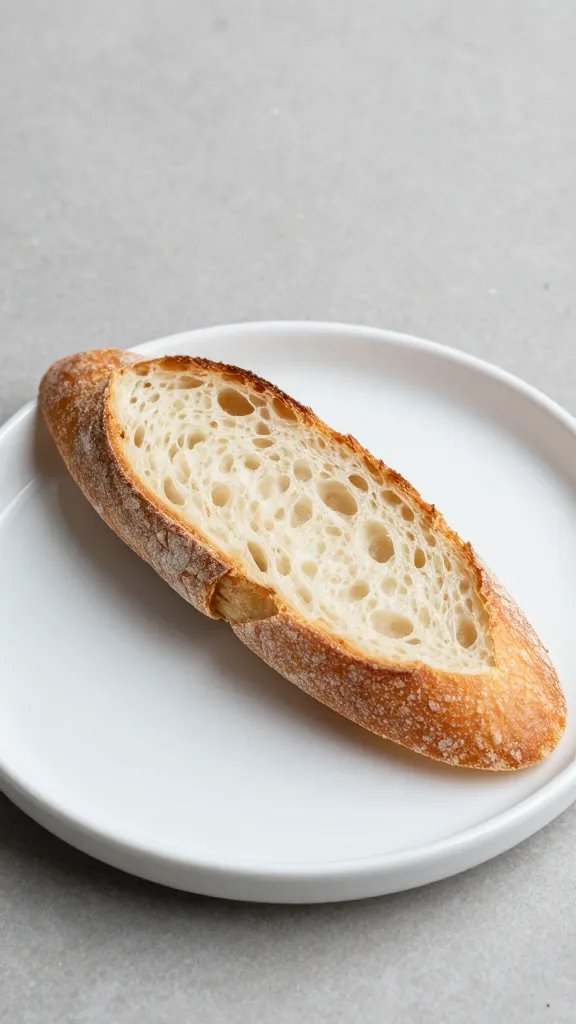 artisan baguette slice on small porcelain bread plate