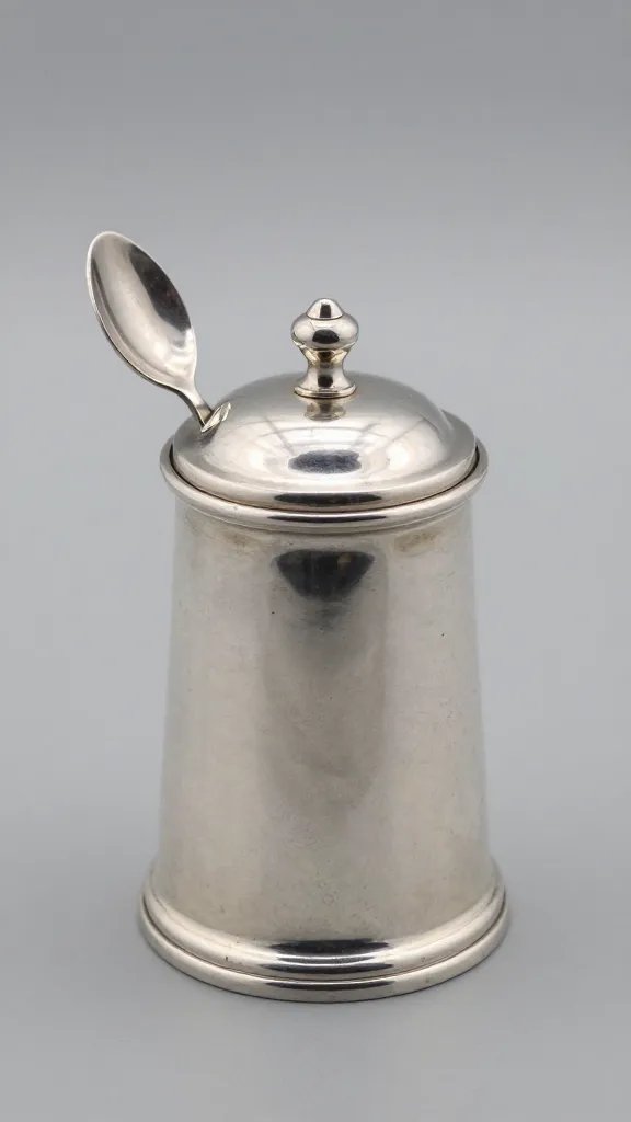 vintage silver salt cellar with tiny spoon, macro