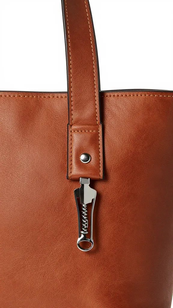 leather wine tote with corkscrew clipped, closeup
