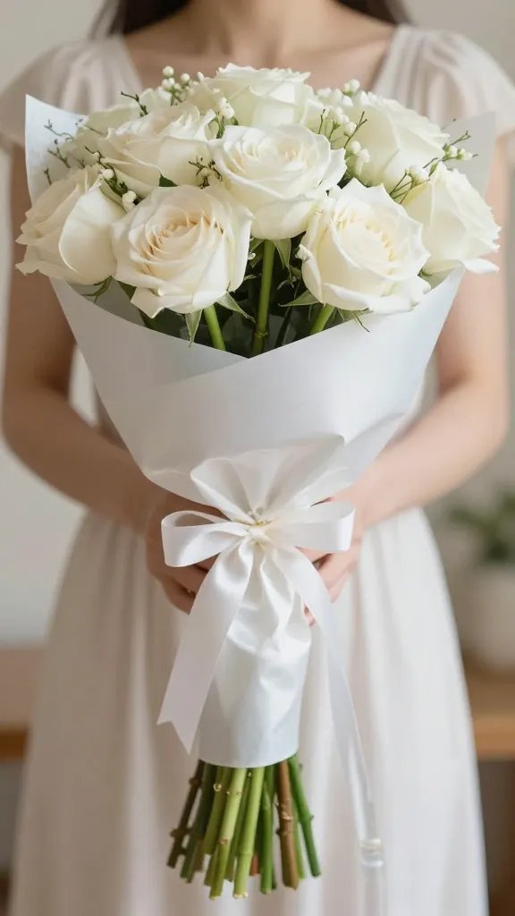 silk-wrapped bouquet with water tube, elegant closeup