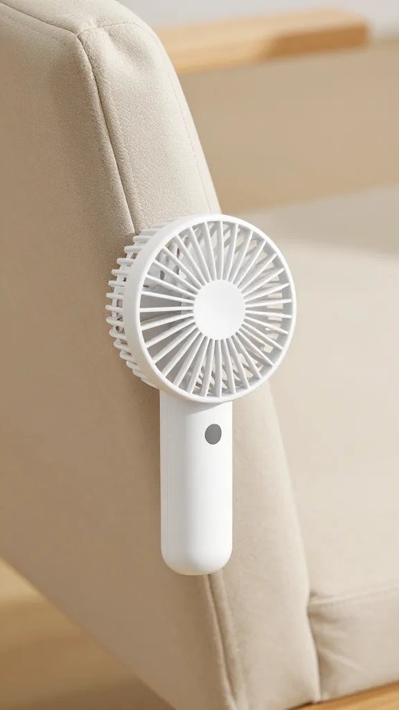 small portable fan clipped to chair arm