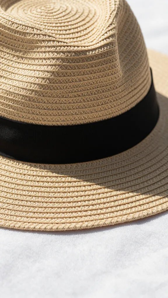 closeup of a sunhat on blanket’s shaded edge