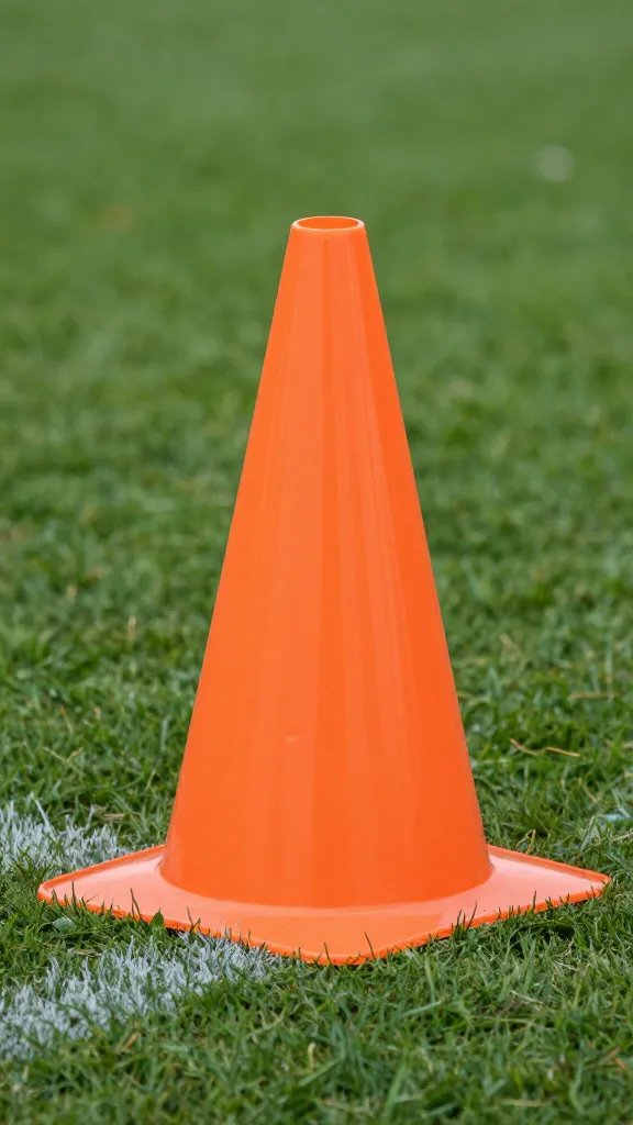 single orange soccer field boundary cone on grass