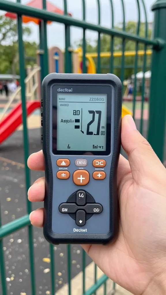 decibel meter reading held near busy playground fence