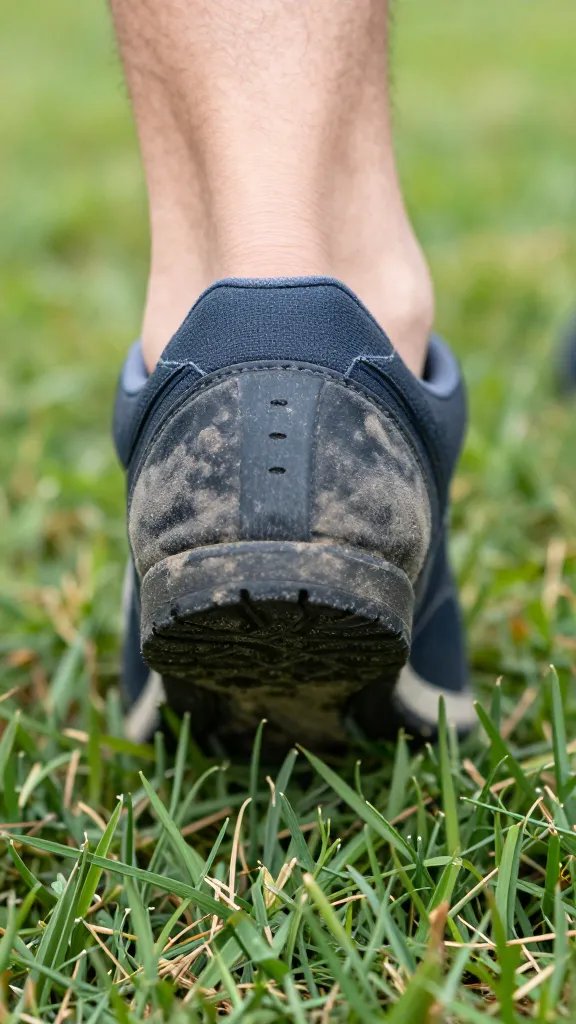 Single asphalt-dusted sneaker heel on grass