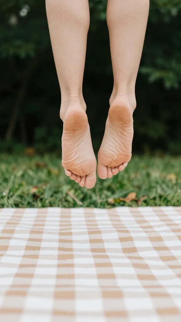 Clean bare foot hovering above picnic blanket edge