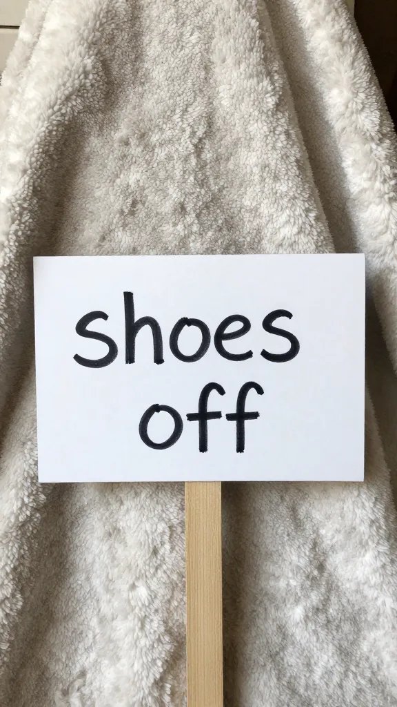 Handwritten “shoes off” sign staked beside blanket