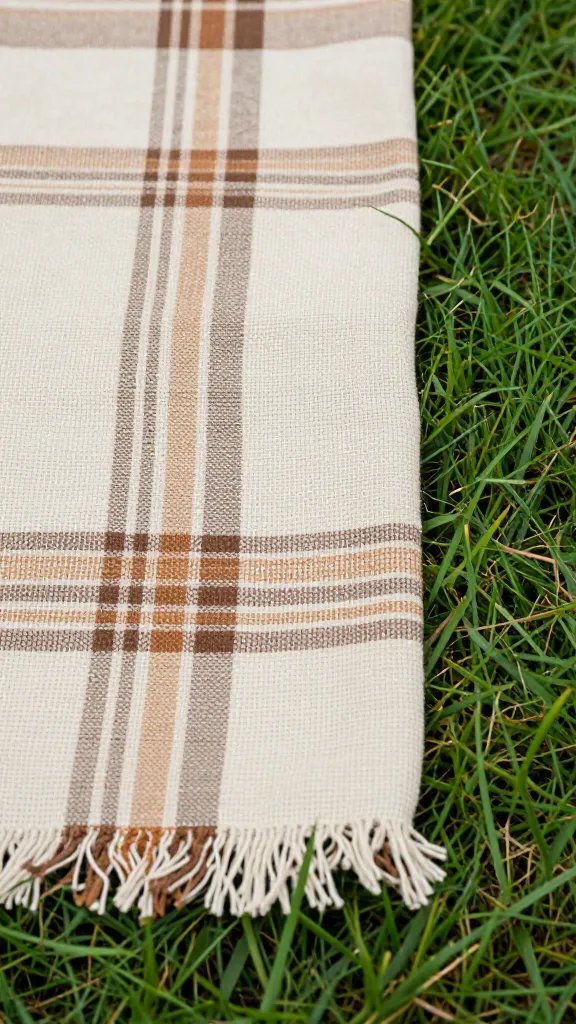 woven picnic blanket corner on trimmed grass, closeup