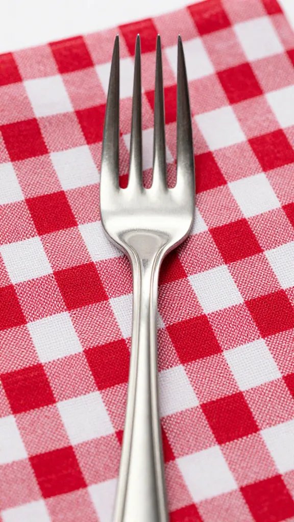 stainless picnic fork wrapped in gingham napkin, macro