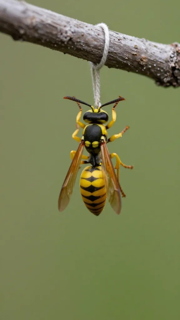 single yellow wasp trap hanging from tree branch, closeup