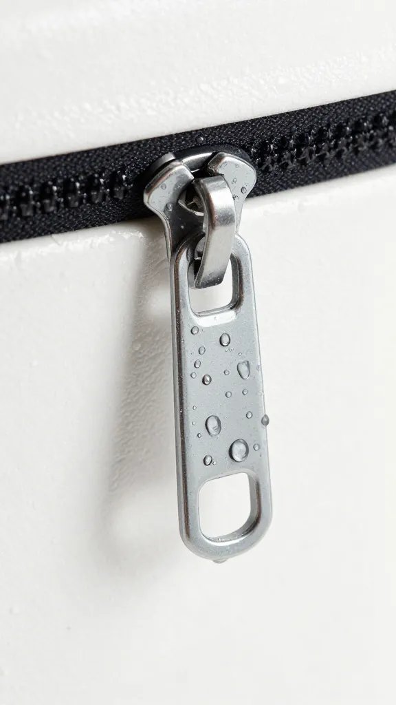 insulated cooler zipper pull with condensation droplets, macro