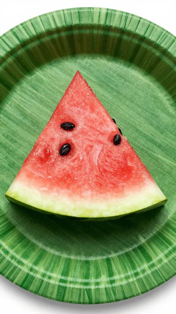 compostable palm-leaf plate with one watermelon wedge, closeup