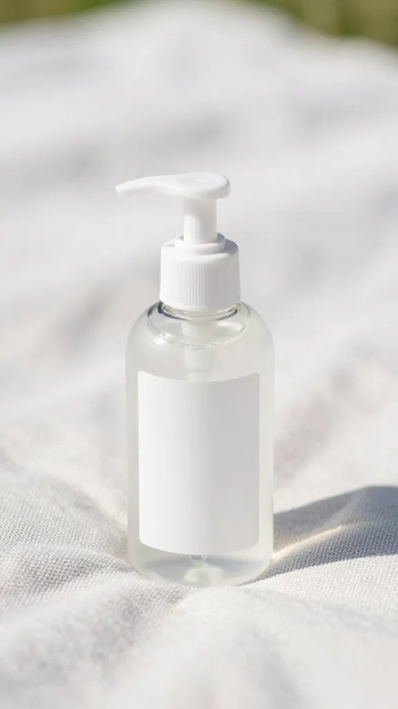 travel-size hand sanitizer bottle on picnic blanket, closeup