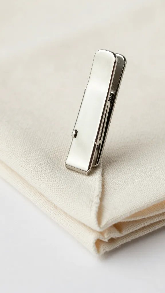 weighted napkin clip gripping linen napkin edge, macro