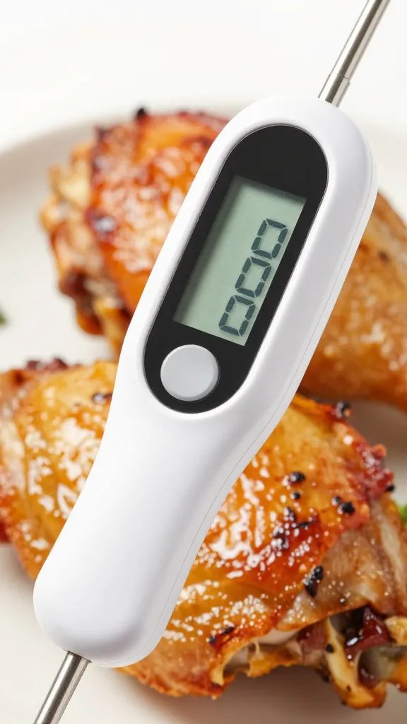 digital food thermometer probe in grilled chicken thigh, closeup