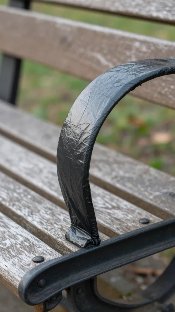biodegradable trash bag tie handle against park bench, closeup