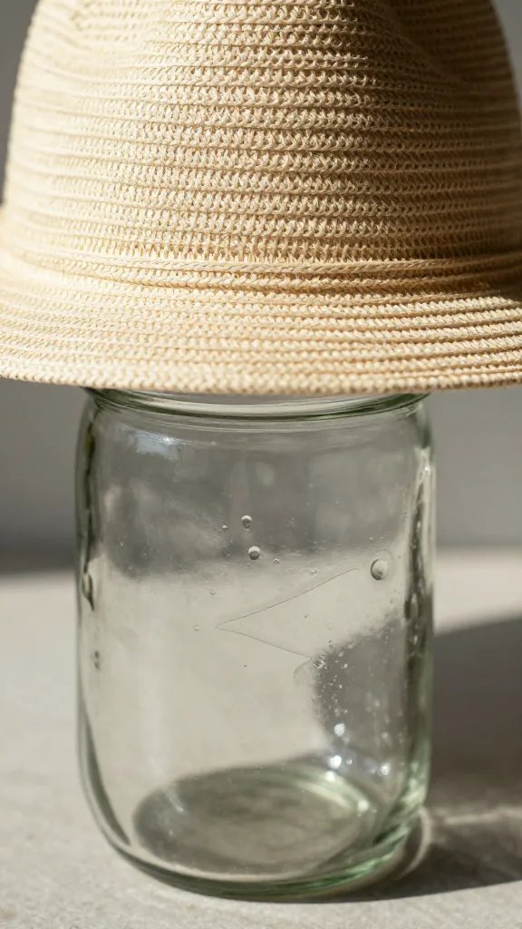sunhat casting shade over a single mason jar glass, closeup