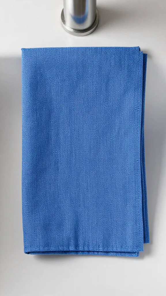 single blue linen napkin under running sink faucet