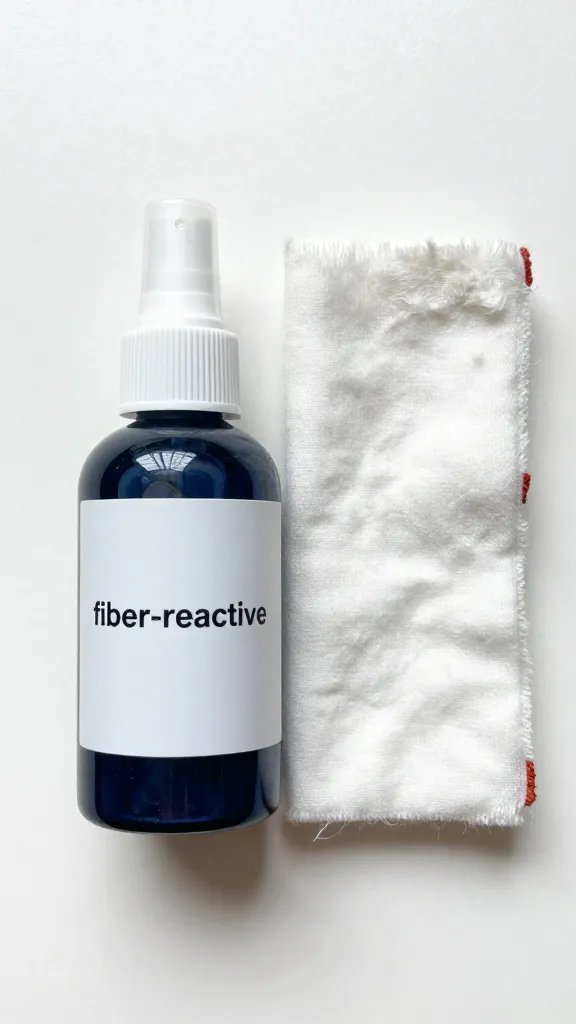 tight shot dye bottle marked “fiber-reactive” beside cotton swatch