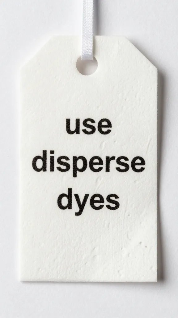 macro of polyester napkin tag reading “use disperse dyes”