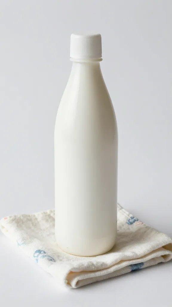 tight shot white vinegar bottle next to dyed cotton napkin