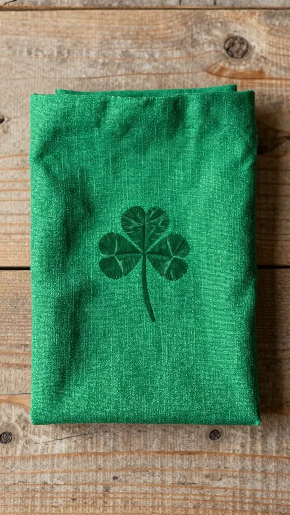 emerald linen clover fold on rustic tabletop