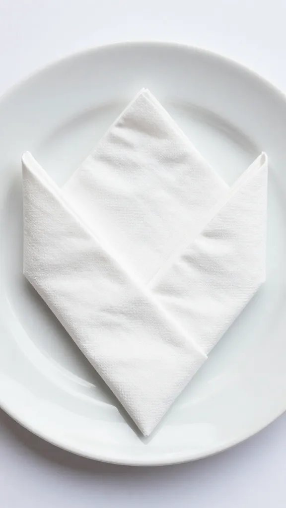 crisp three-leaf napkin fold on white ceramic plate