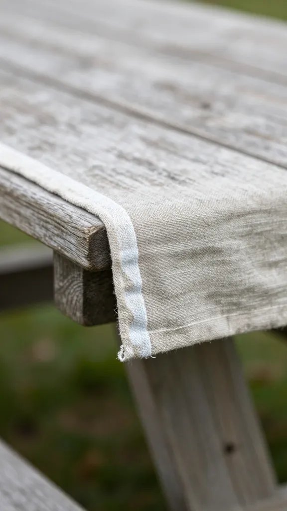closeup waterfall-folded linen edge on picnic table