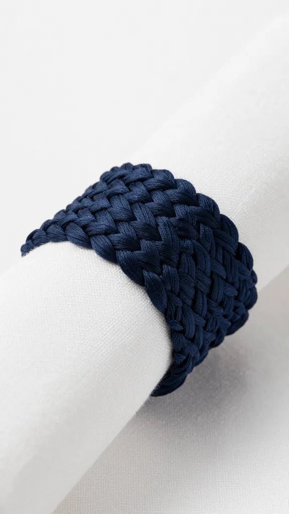 closeup navy braided polypropylene napkin ring on white linen