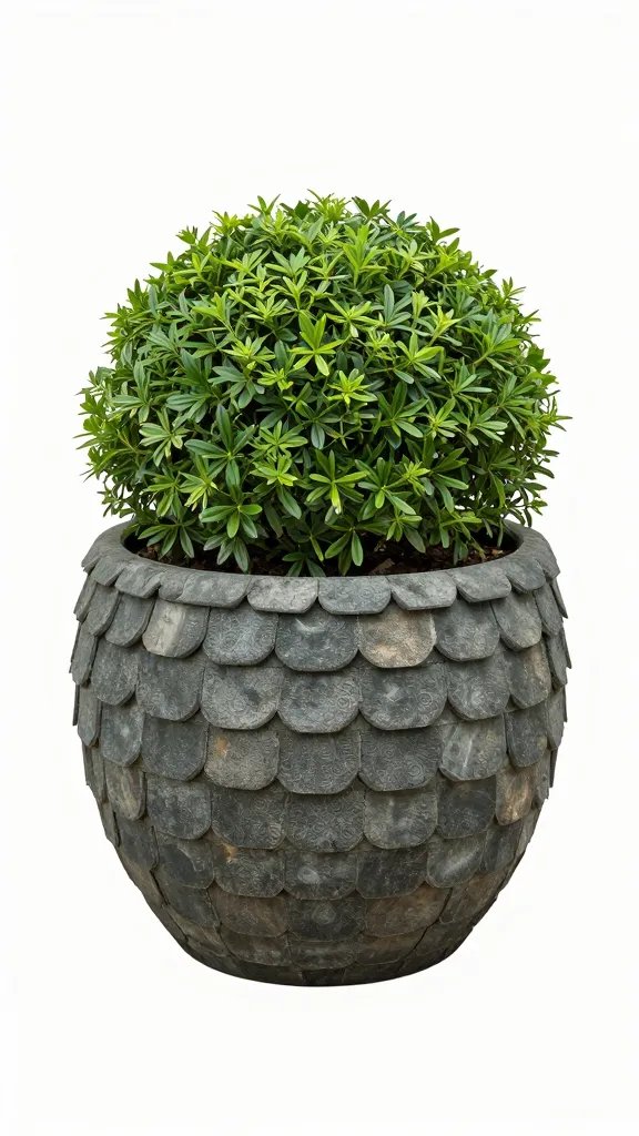 single patio planter showing shingled spiral foliage pattern